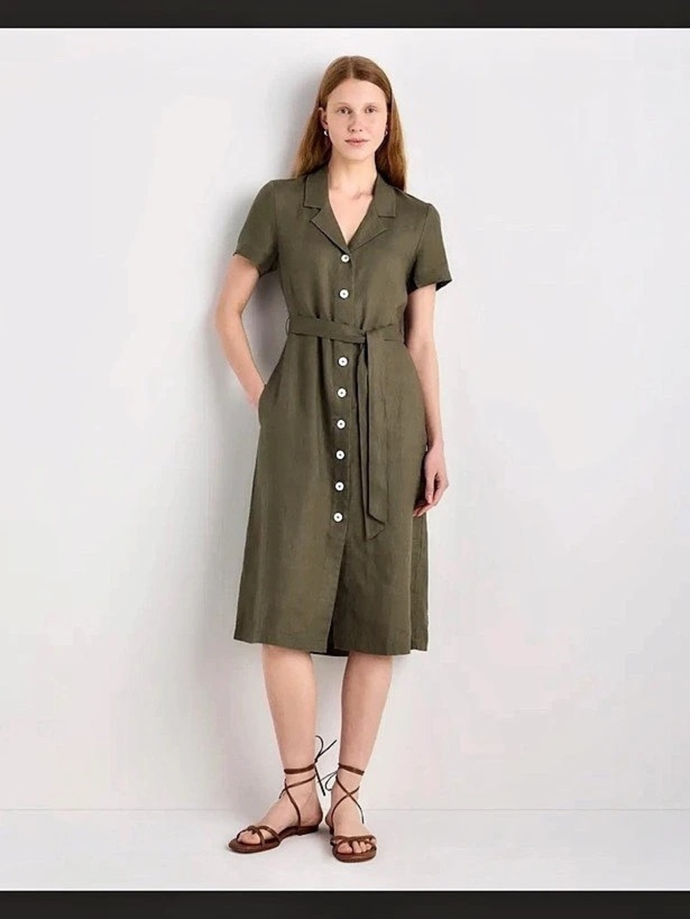 Quince 100% European Linen Belted Dress (Bayberry Olive)